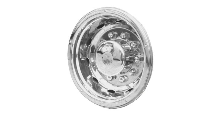 Super Deluxe Style trim - the trim is deep, and has faux wheel nuts to add to the look. Taken from a slight side angle, the product is silver and shiny, being made from stainless steel.