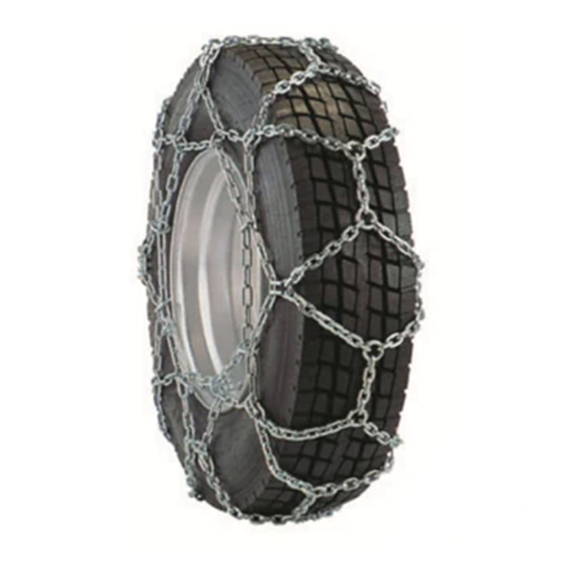 Snow chain product photo - shows an HGV wheel with our Andean Snowchains correctly attached, forming diamond like shapes across the wheel in chain.