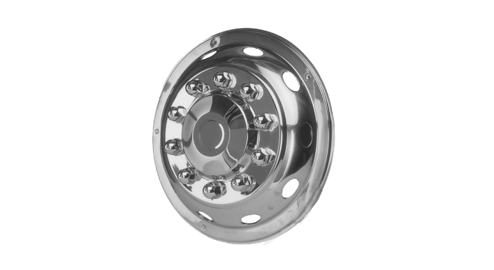 Deluxe Style trims - shows the product all shiny and reflective, made from stainless steel they are silver. You can see the false wheel nuts.