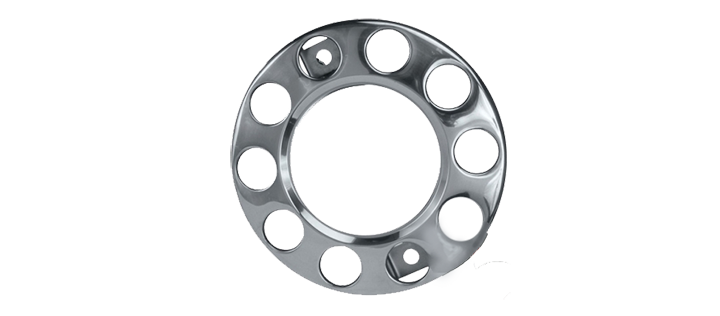Stainless steel nut ring - product photo with a white background. taken from a straight on angle. The centre is open, and the ring has 10 holes evenly spaced around it -room for the wheel nuts when fitted.