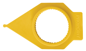 Yellow propoint from a top view, showing the point end and the pull tab.