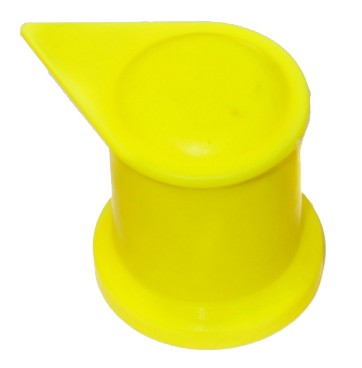 A yellow short reach pro cap. shown from the side, it is obvious that these cover the entire wheel nut. The point is at the top of this indicator.