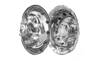 16 inch wheel trims - product image with a white background. Shows both fronts and rears, one of each next to each other. Extremely polished and reflective looking, you can see the false wheel nuts and fitting holes.