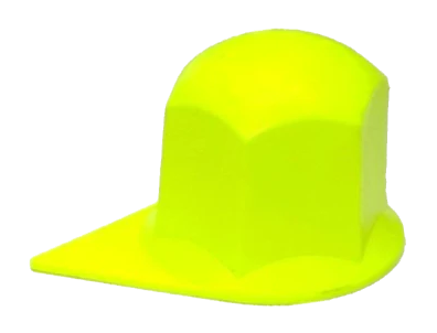 A yellow short reach pro cap. shown from the side, it is obvious that these cover the entire wheel nut. The point is at the base of this indicator.