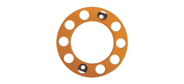 Orange nut ring - a product image from a straight on angle. The centre is open, and within the ring are 10 holes - making room for the wheel nuts.
