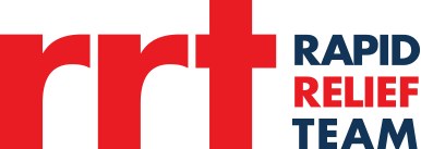 Rapid Relief Team - rrt logo. Shows a big 'rrt' in red, smart lowercase letters, and next to it on the right says 'RAPID RELIEF TEAM' in capitals.