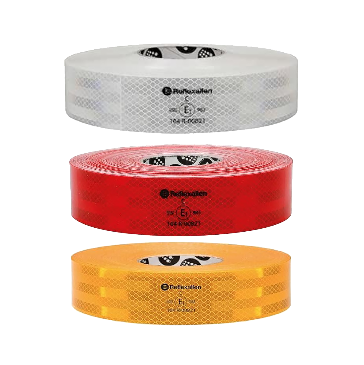 Reflective tape product image. Shows three colours of reflexallen tape rools horizontally, with the reflexallen logo in the middle of the tape. At the top is white, in the middle is red, and at the bottom is yellow.