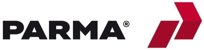 Parma group logo. Bold black letters, spelling 'PARMA'. To the right of this is the company favicon, a two tones P, stylised as an arrow in a sharp, blocky way.