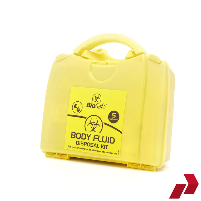 Yellow body fluid disposal kit with Bio-Safe label on a white background