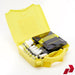 Yellow biohazard disposal kit with open lid on a white background