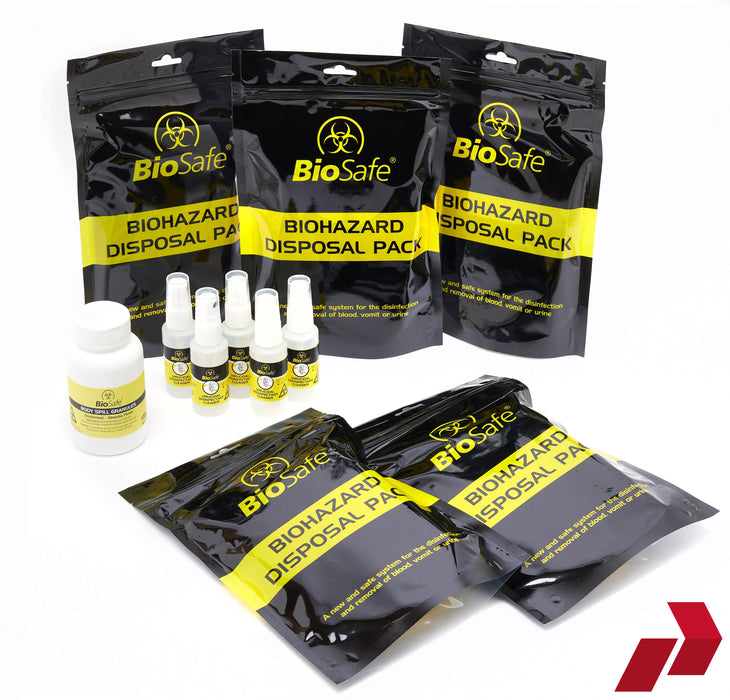 BioSafe biohazard disposal packs with bottles on a white background