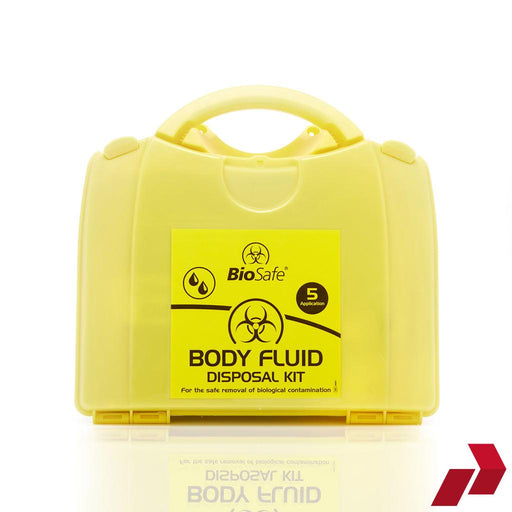 Yellow body fluid disposal kit with BioSafe branding on a white background