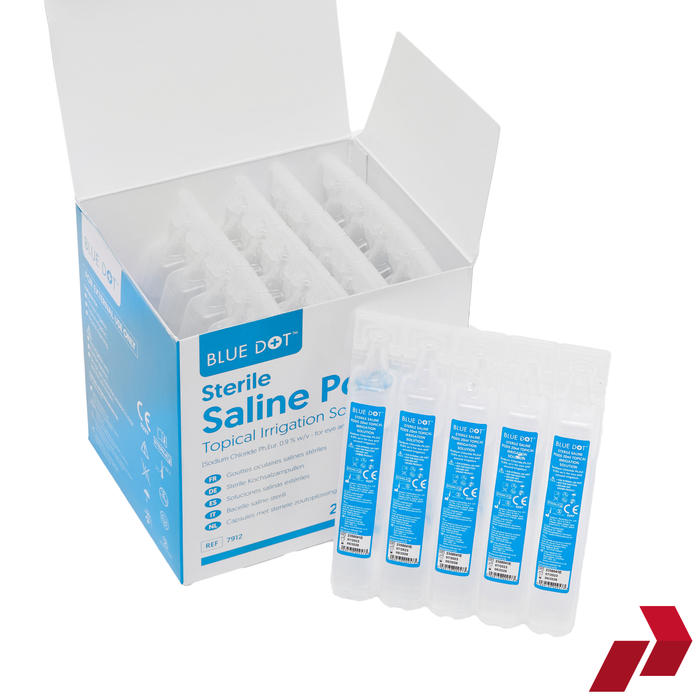 Box of Blue Dot Sterile Saline Packets with individual packets displayed.